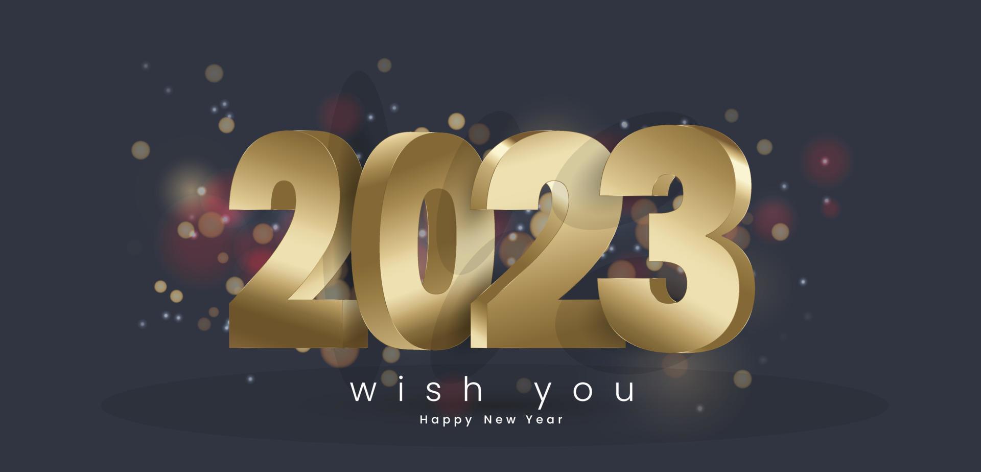 A Happy New Year gold 3Ds Letters designs on dark background with nice BOKEH light effects around 2023 for next year. vector