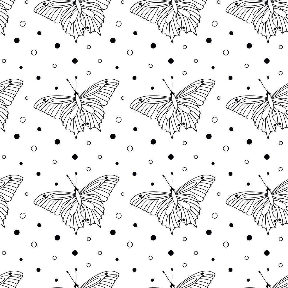 Butterflies and dots in a linear style. Seamless pattern vector
