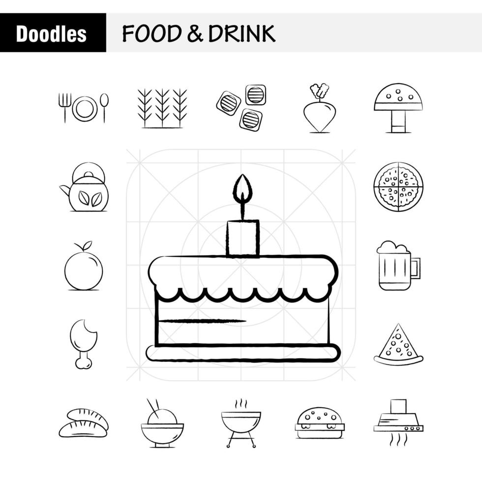 Food And Drink Hand Drawn Icons Set For Infographics Mobile UXUI Kit And Print Design Include Food Restaurant Dinner Cereal Food Wheat Bbq Meat Icon Set Vector