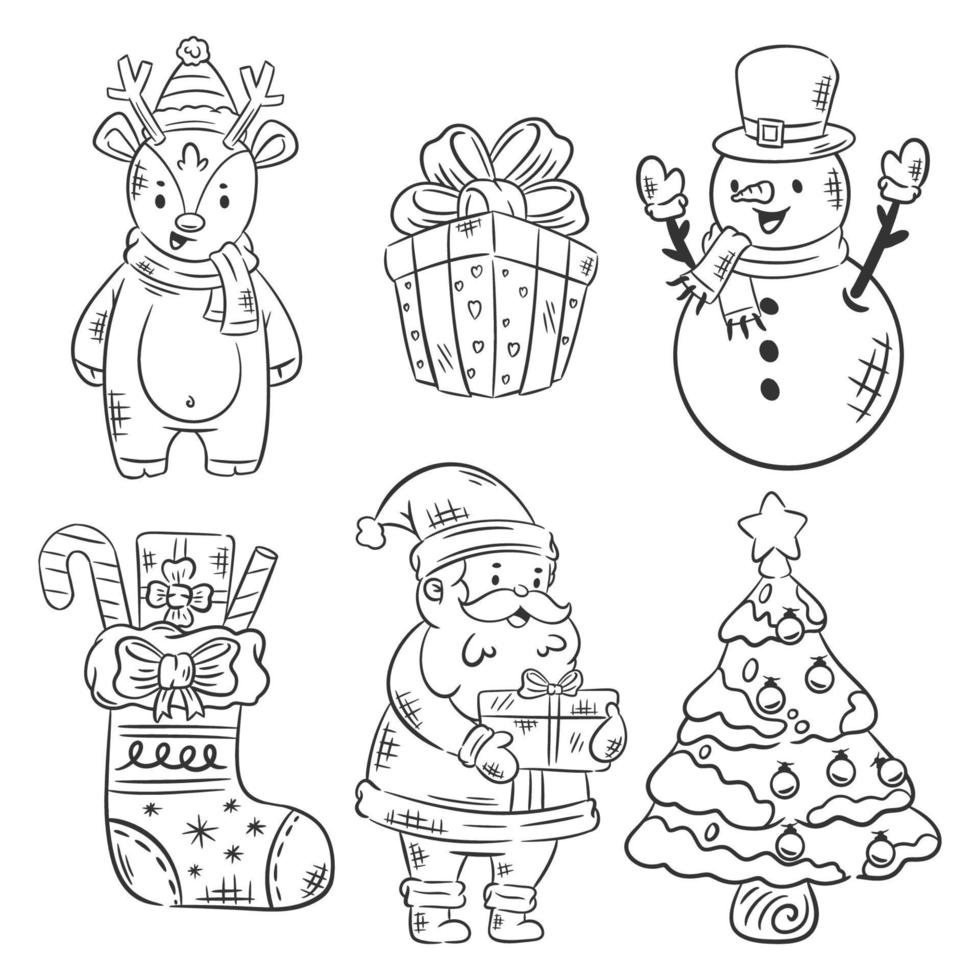 Christmas element set of hand drawn coloring vector