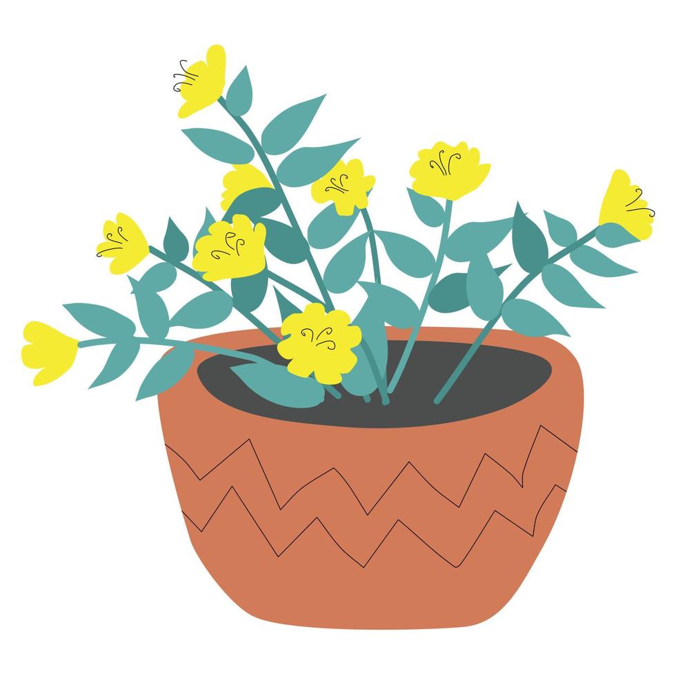 Garden potted plant isolated on white. Yellow flowers in minimalistic cartoon flat style. Vector illustration.