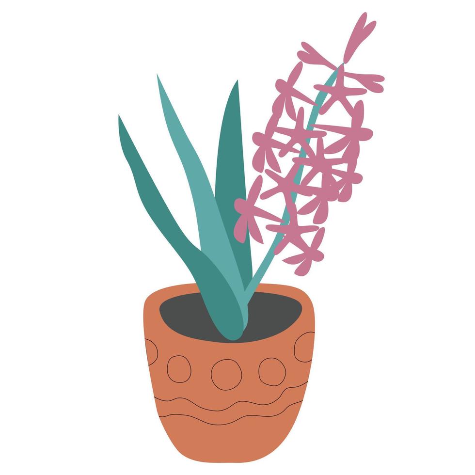 Pink hyacinth in a ceramic pot isolated on white background. Vector illustration in cartoon flat style. Urban jungle decoration.