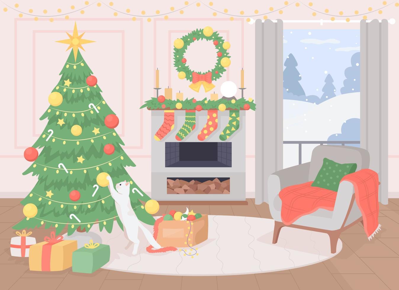 Cozy living room decorating for Chirstmas flat color vector illustration. Cat playing with balls. Holiday scene. Fully editable 2D simple cartoon interior with Xmas scenery in window on background