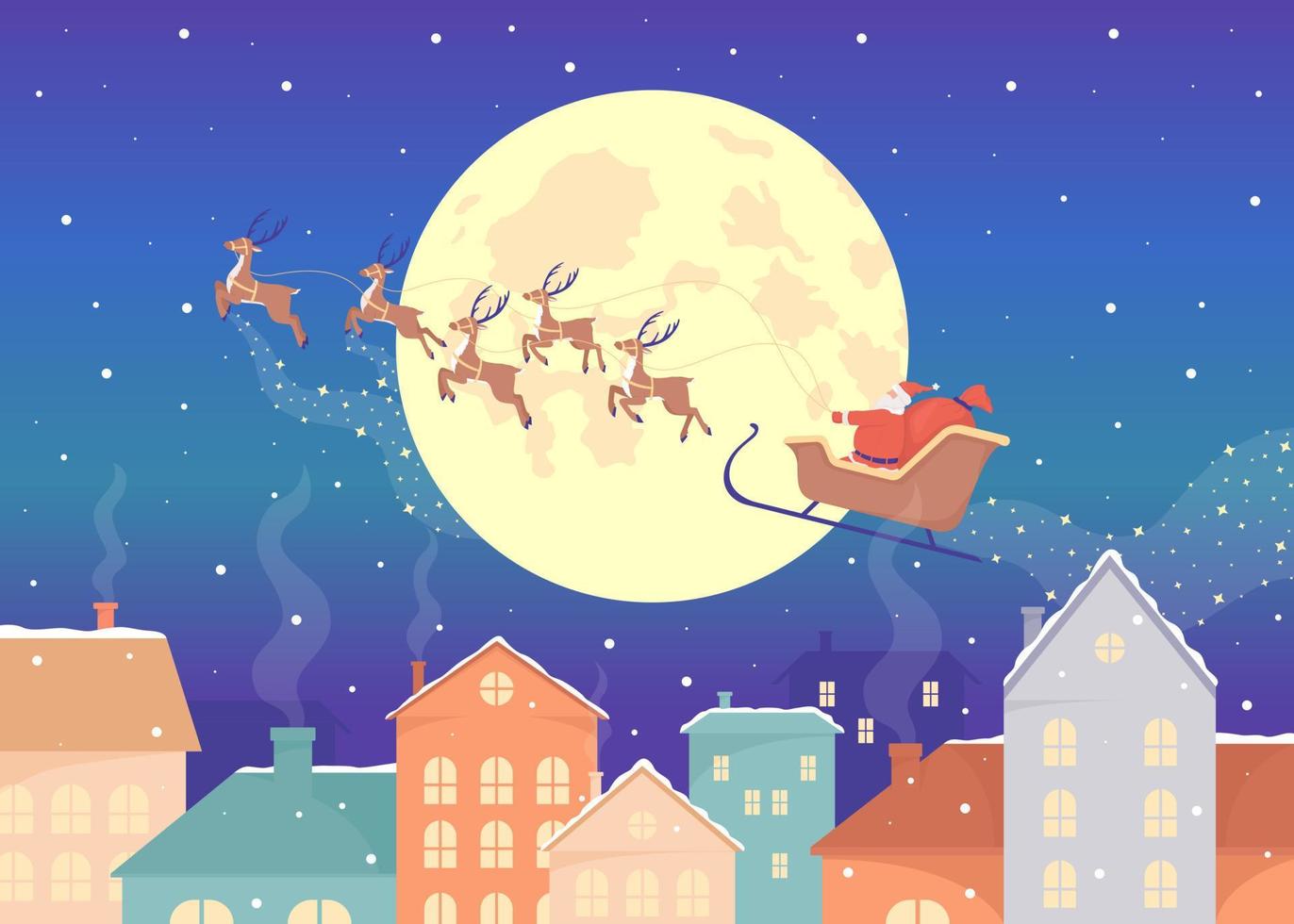 Santa Claus sleigh and reindeers flying above town flat color vector illustration. Xmas. Winter season. Fully editable 2D simple cartoon characters with festive Christmas atmosphere on background