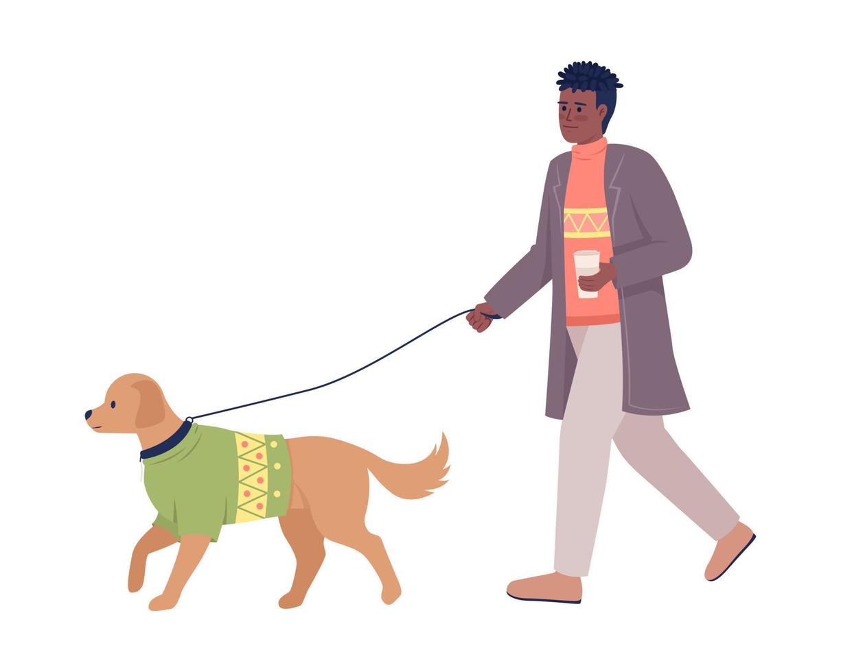 hombre elegante con café paseando a un perro con correa caracteres vectoriales de color semiplano. figuras editables. persona de cuerpo completo en blanco. ilustración de estilo de dibujos animados simple para diseño gráfico web y animación vector