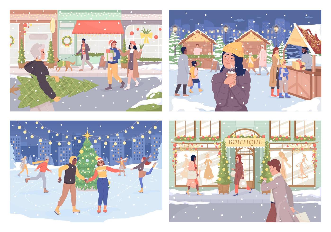 conjunto de ilustración de vector de color plano de recreación al aire libre de invierno. vacaciones de navidad alboroto estacional. colección de personajes de dibujos animados simples 2d completamente editable con ambiente navideño festivo en el fondo