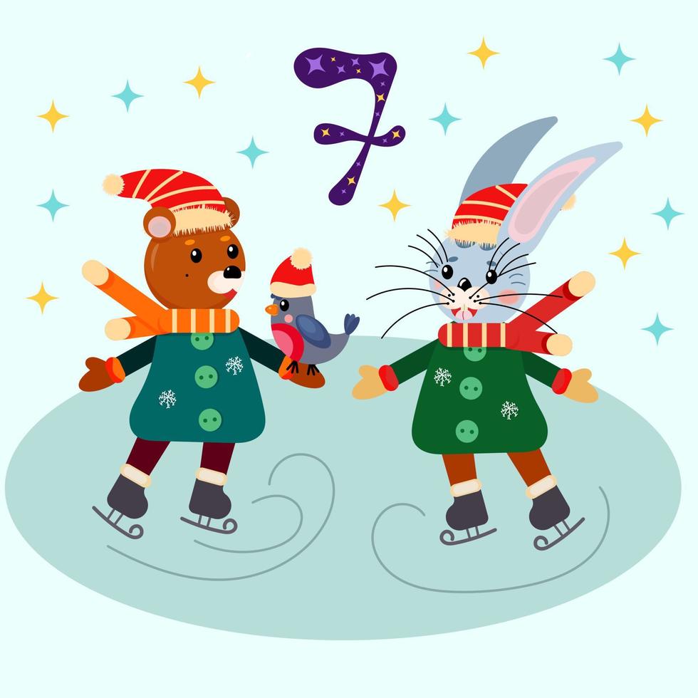 Seventh day of the New Year advent calendar. A hare and a bear cub with a bird are skating. Vector flat cartoon illustration.