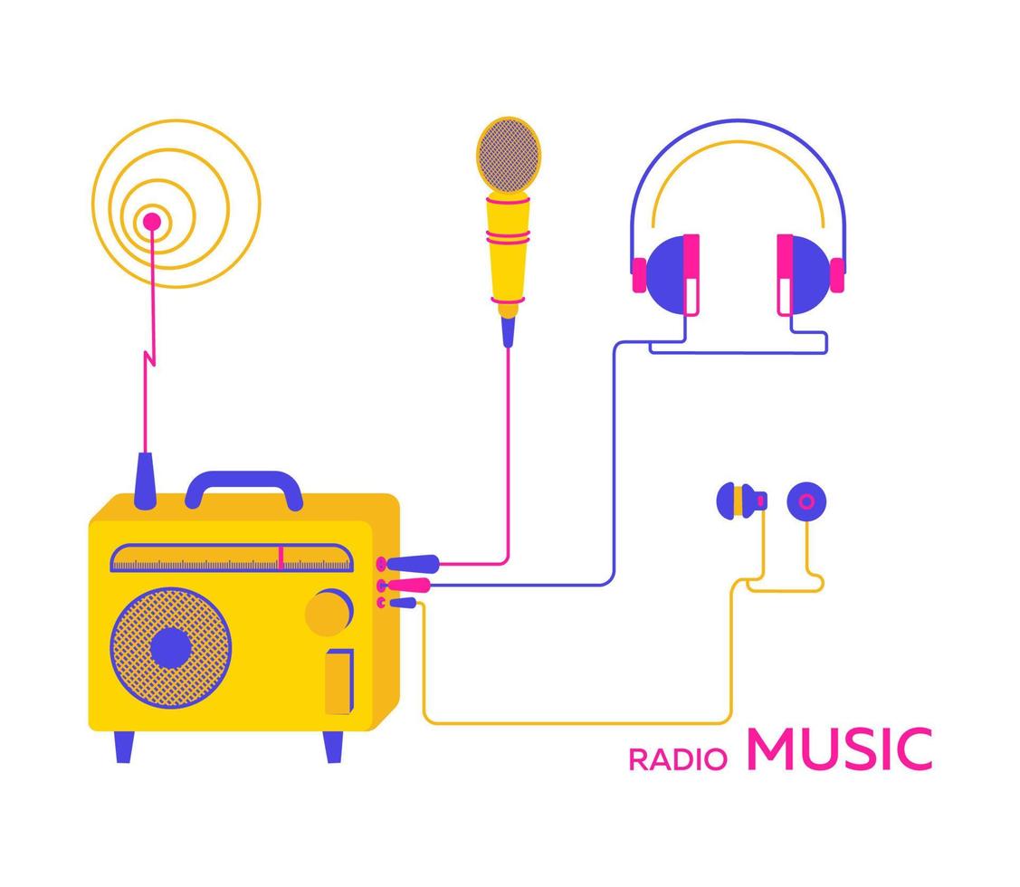 Set Vectors illustrations yellow radio receiver player with accessories, headphones, earphone, microphone on white background. For bright hipster concept design