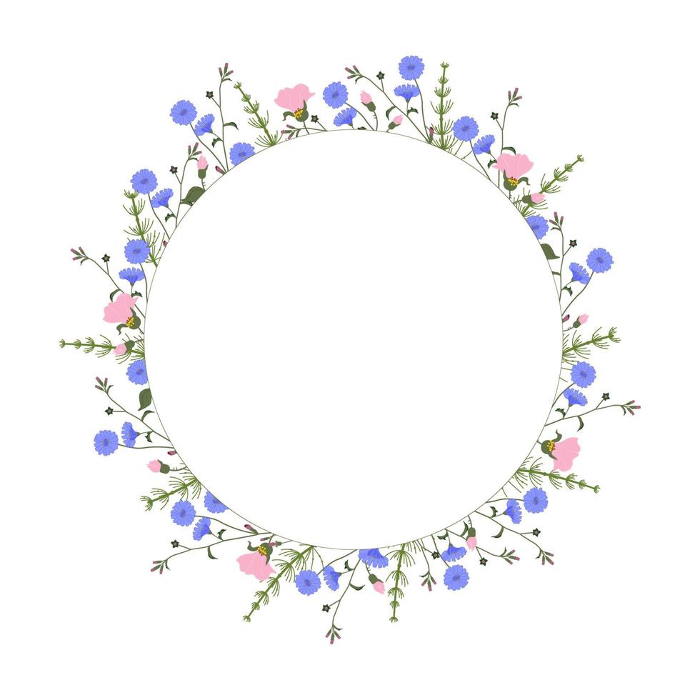 Round wreath frame Summer wildflowers and herbs, vector colourful illustration on white background, space for text in the middle