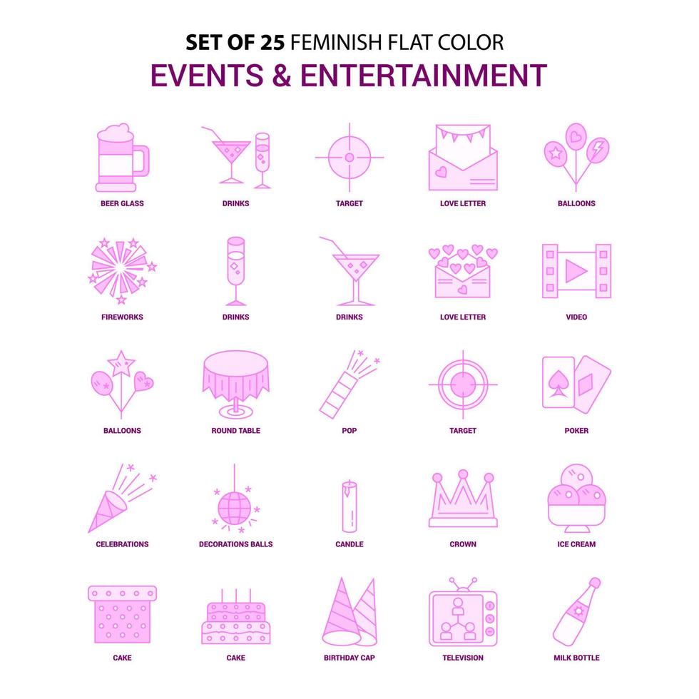Set of 25 Feminish Events and Entertainment Flat Color Pink Icon set vector