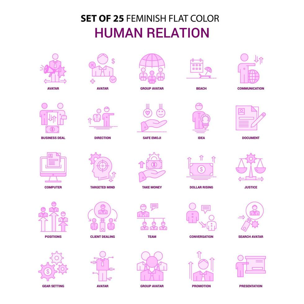 Set of 25 Feminish Human Relation Flat Color Pink Icon set vector
