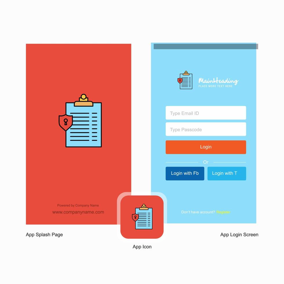 Company Clipboard Splash Screen and Login Page design with Logo template Mobile Online Business Template vector