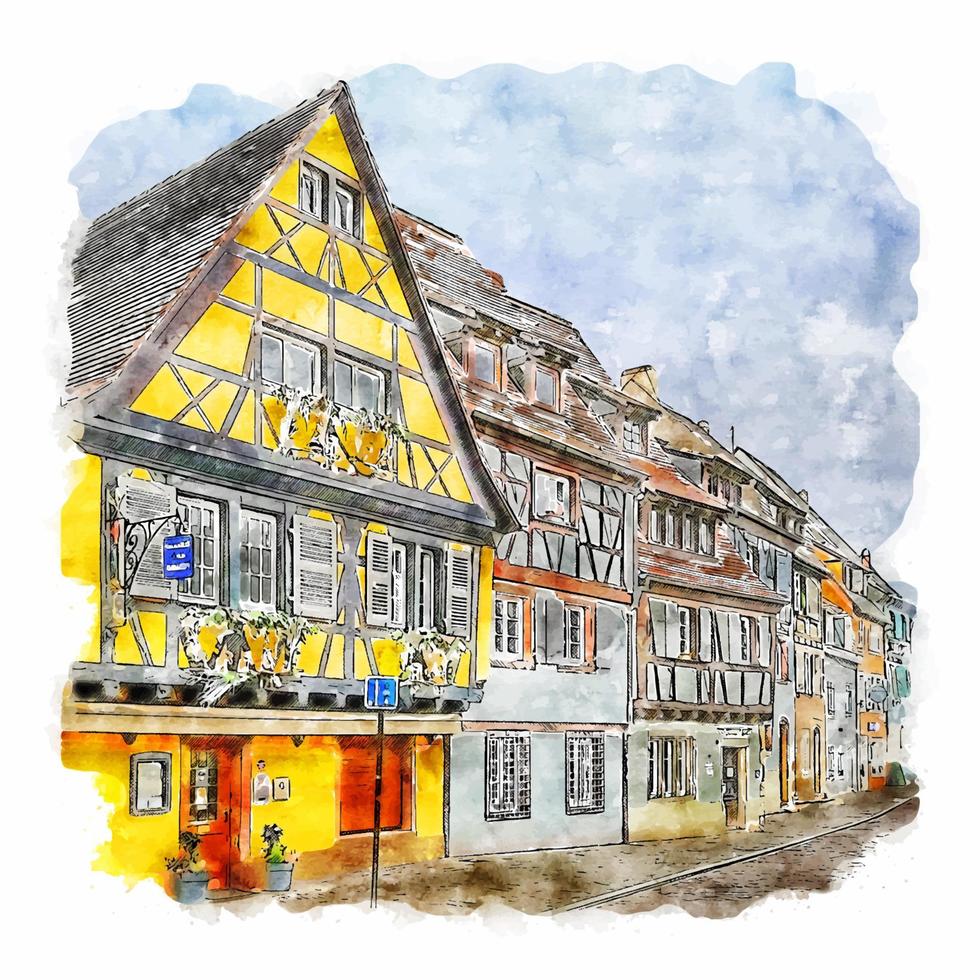 Colmar France Watercolor sketch hand drawn illustration vector