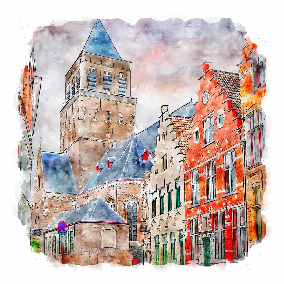 brugge bélgica acuarela boceto dibujado a mano ilustración vector