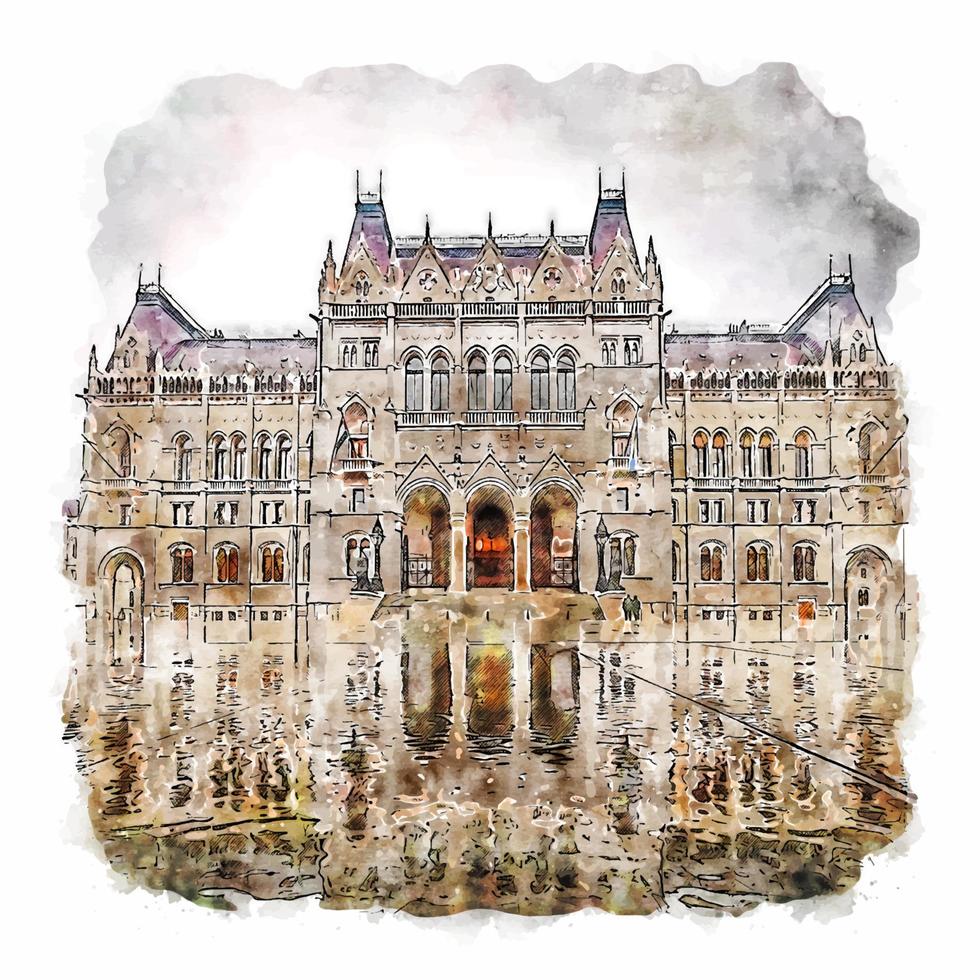 Parlamento Budapest Watercolor sketch hand drawn illustration vector