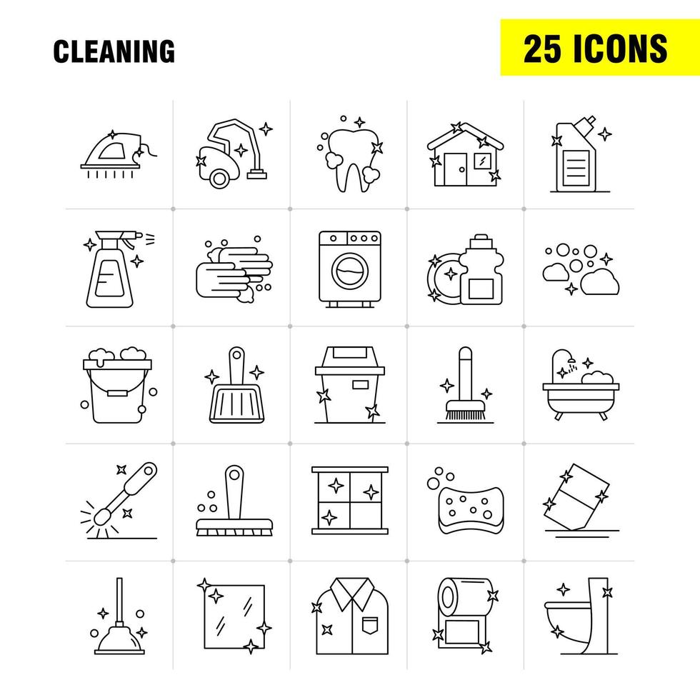 los iconos de la línea de limpieza establecidos para el kit de uxui móvil infográfico y el diseño de impresión incluyen el cepillado del cepillo, el émbolo, el baño, la herramienta del inodoro, el conjunto de iconos vectoriales vector