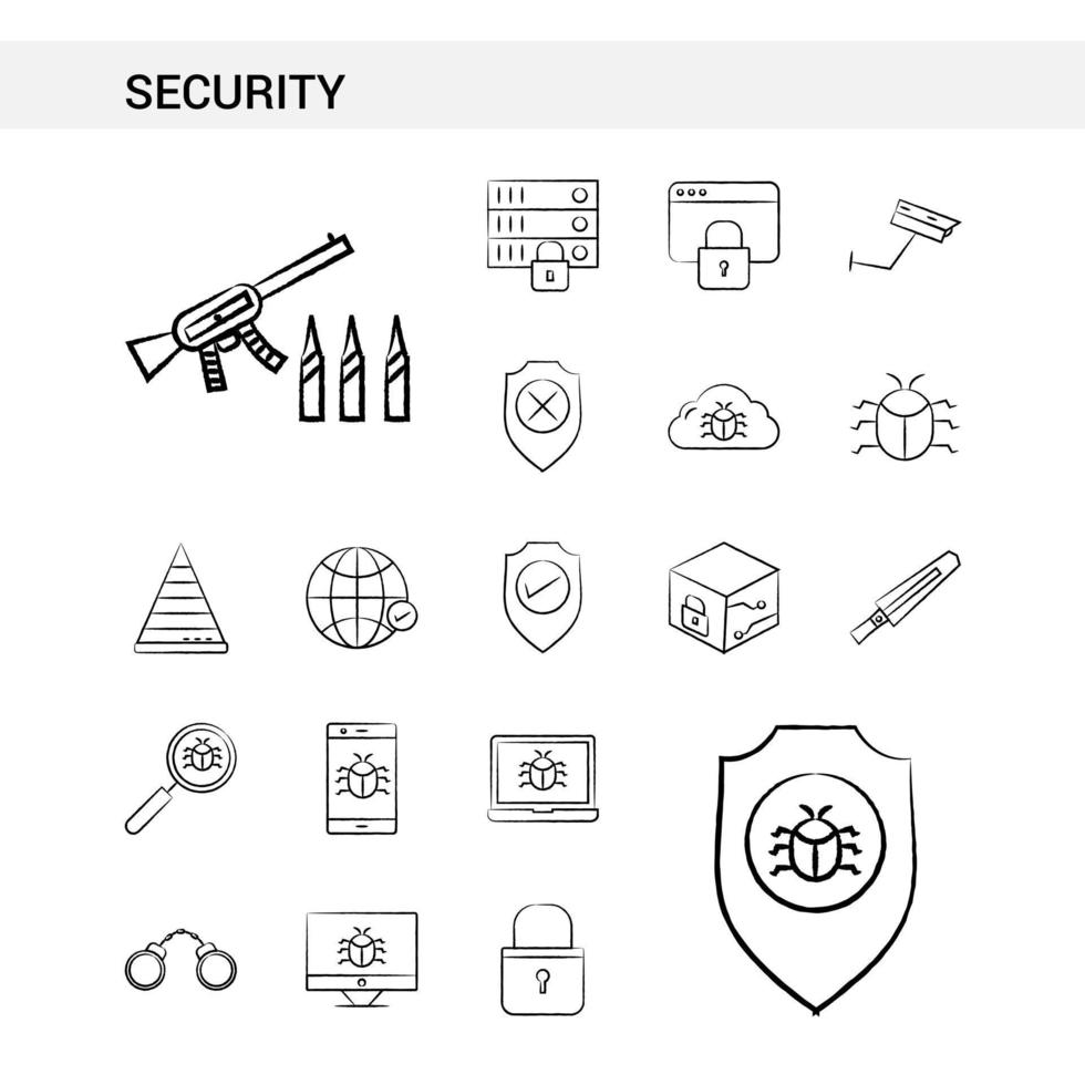estilo de conjunto de iconos dibujados a mano de seguridad aislado en vector de fondo blanco