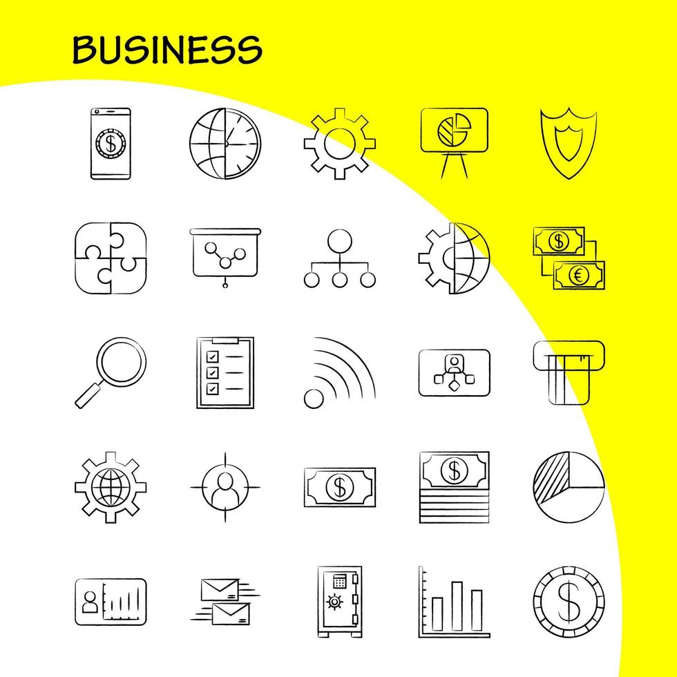 los iconos dibujados a mano de negocios establecidos para el kit de uxui móvil de infografía y el diseño de impresión incluyen globo de Internet comunicación global mouse computadora dispositivo puntero eps 10 vector