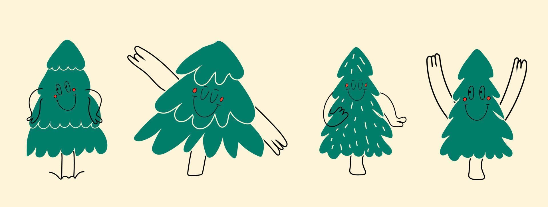 Set of Various green of Christmas tree with face emotions, hands and legs. Hand drawn trendy for kids. Cute funny characters. All elements are isolated vector