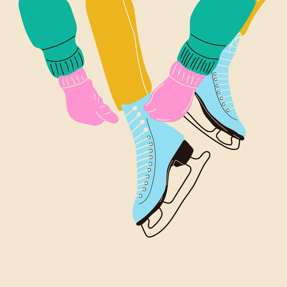 Girls in gloves puts on Pair of colorful Ice skates. Modern vintage. Vector illustration