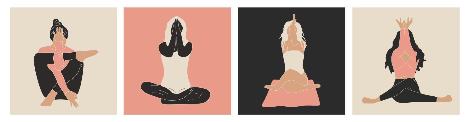 conjunto de cuatro mujeres practicando yoga y meditación. niñas en ejercicio de pose de namaste. Beneficios de la meditación para la salud del cuerpo y la mente. ilustración vectorial vector