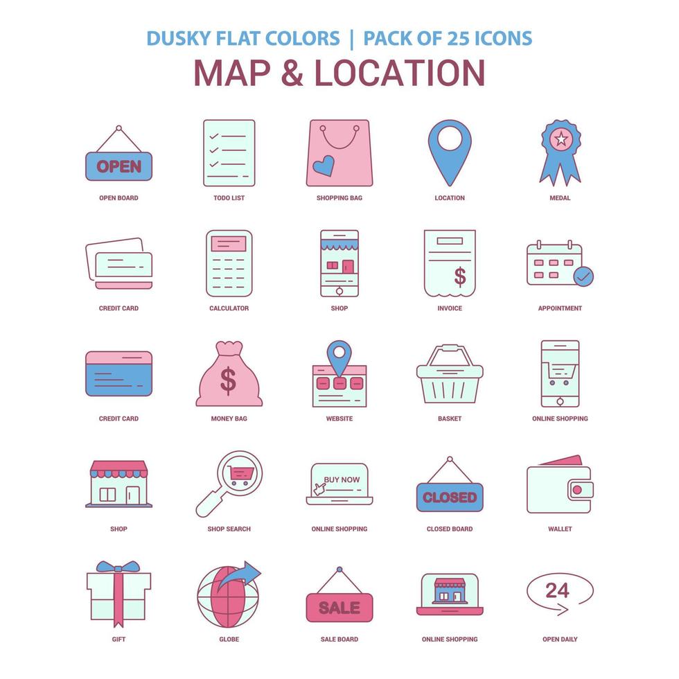 icono de mapa y ubicación color plano oscuro paquete de iconos vintage 25 vector