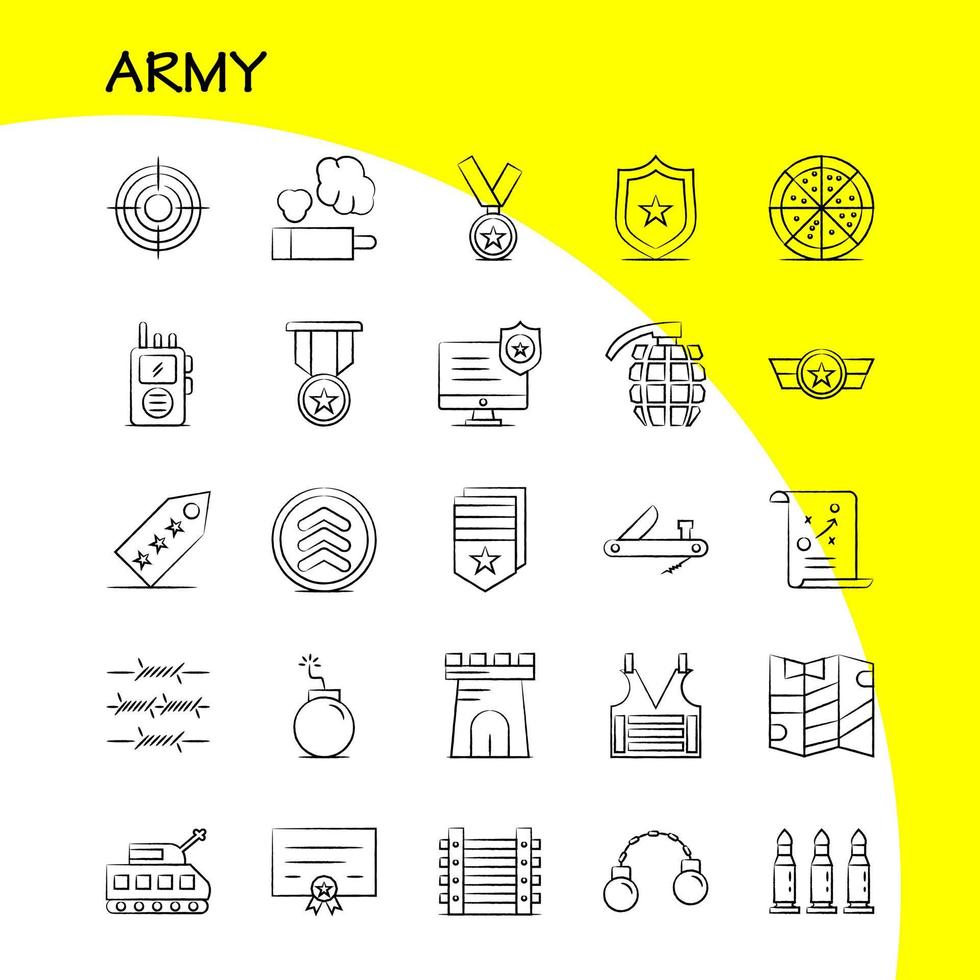 Army Hand Drawn Icons Set For Infographics Mobile UXUI Kit And Print Design Include Monitor Badge Enforcement Law Army Barbed Wire French Icon Set Vector