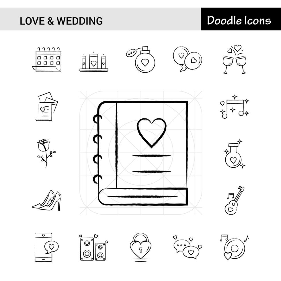 conjunto de 17 iconos dibujados a mano de amor y boda vector