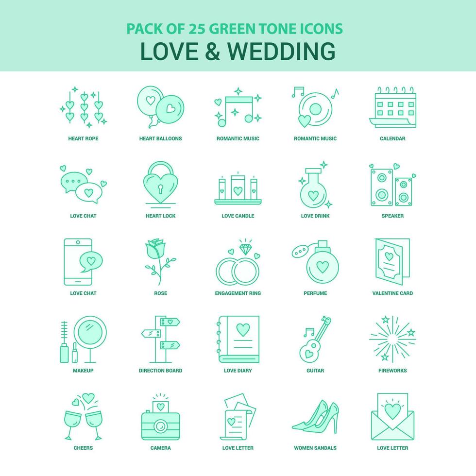 25 Green Love and Wedding Icon set vector