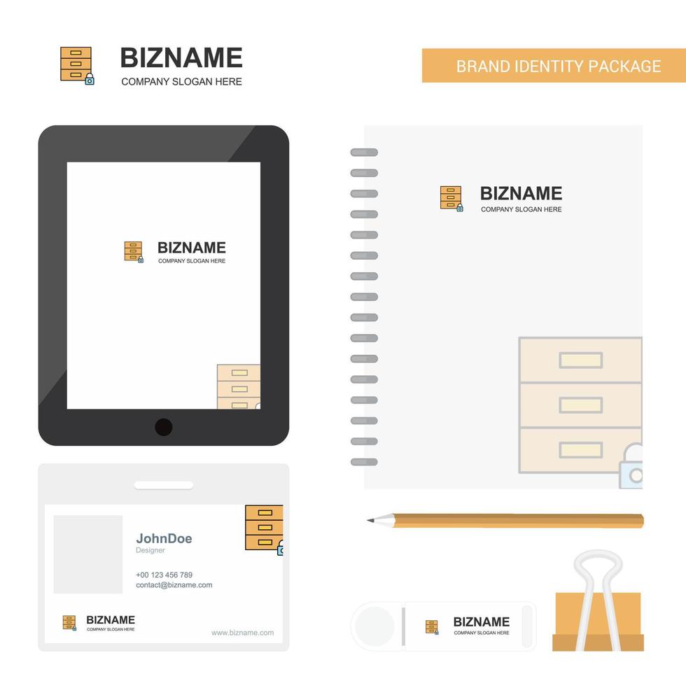 Locked cupboard Business Logo Tab App Diary PVC Employee Card and USB Brand Stationary Package Design Vector Template