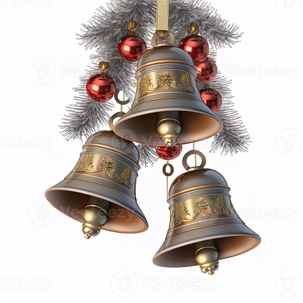 campanas de navidad 3d sobre fondo blanco aislado. fiesta, celebracion, diciembre, feliz navidad foto