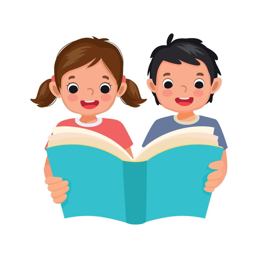 lindos niños pequeños niño y niña sosteniendo un gran libro leyendo juntos vector