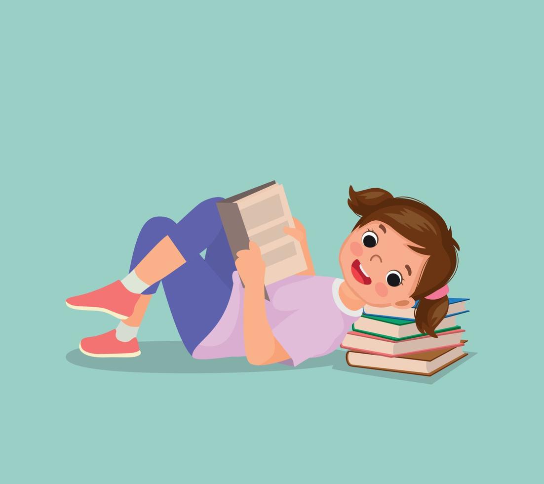 linda niña leyendo un libro tendido en el suelo con la cabeza en una pila de libros vector