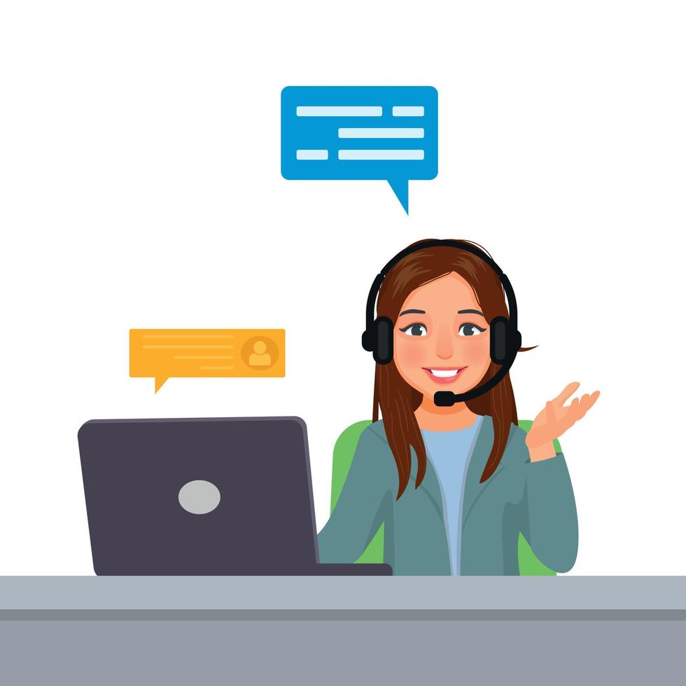 Young woman operator customer service working in call centre talking with customer with headset and microphone vector
