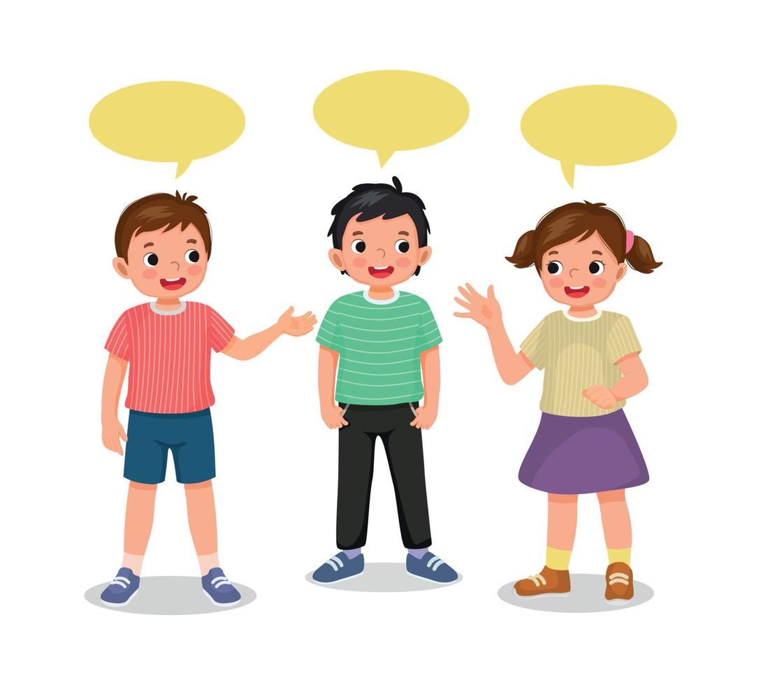 happy group cute kids little girl boys talking each other with speech bubble vector
