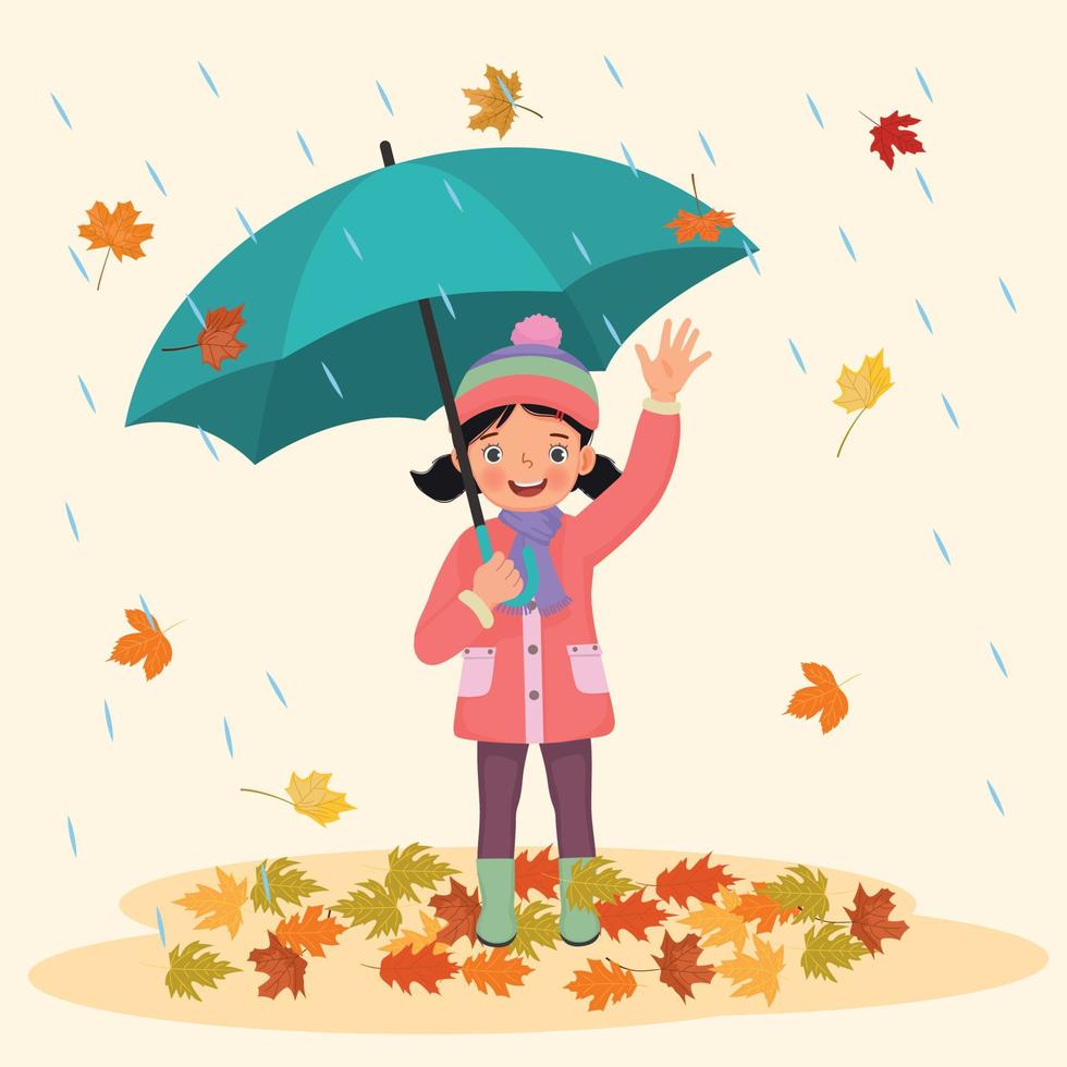 happy little girl holding umbrella under rain with fallen leaves in autumn vector