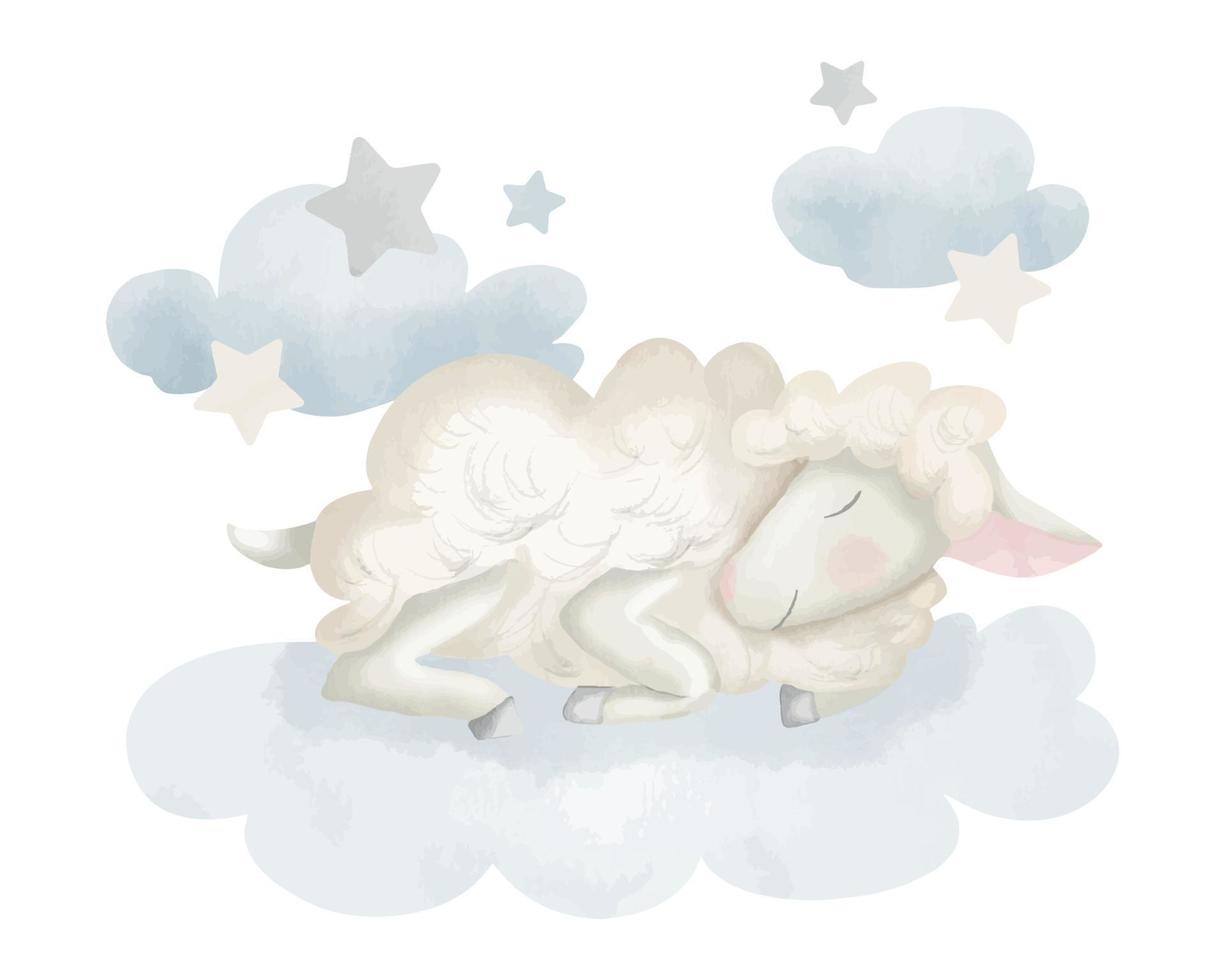 Cute little Sheep sleeping on the cloud with stars. Hand drawn Watercolor illustration with baby Lamb. Drawing for kids textile design, baby graphics for wallpapers and prints. Sketch of funny animal. vector