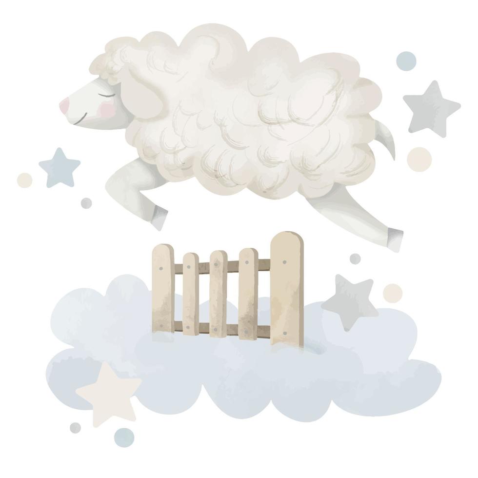 Little cute Sheep jumping over the fence. Watercolor hand drawn illustration with Lamb for baby boy or girl textile design. Drawing of character in cartoon style for print on isolated background. vector