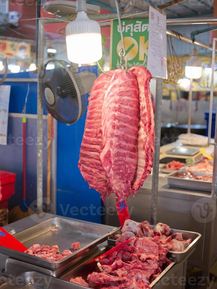 Red meat chop rows sell in THAI wet local market photo