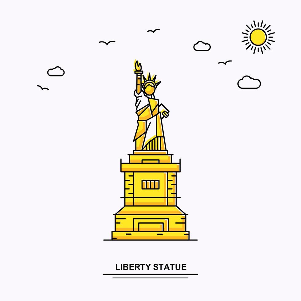 estatua de la libertad monumento plantilla de póster viaje mundial fondo de ilustración amarilla en estilo de línea con escena de la naturaleza de belleza vector