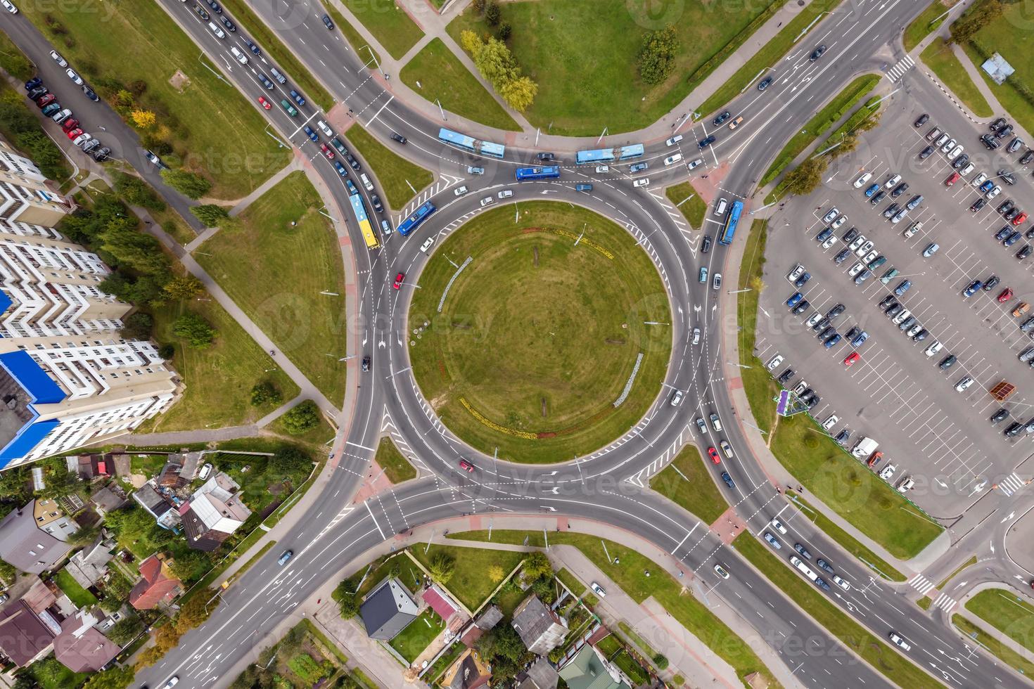 aerial view of road interchange or highway intersection. Junction network of transportation taken by drone. photo