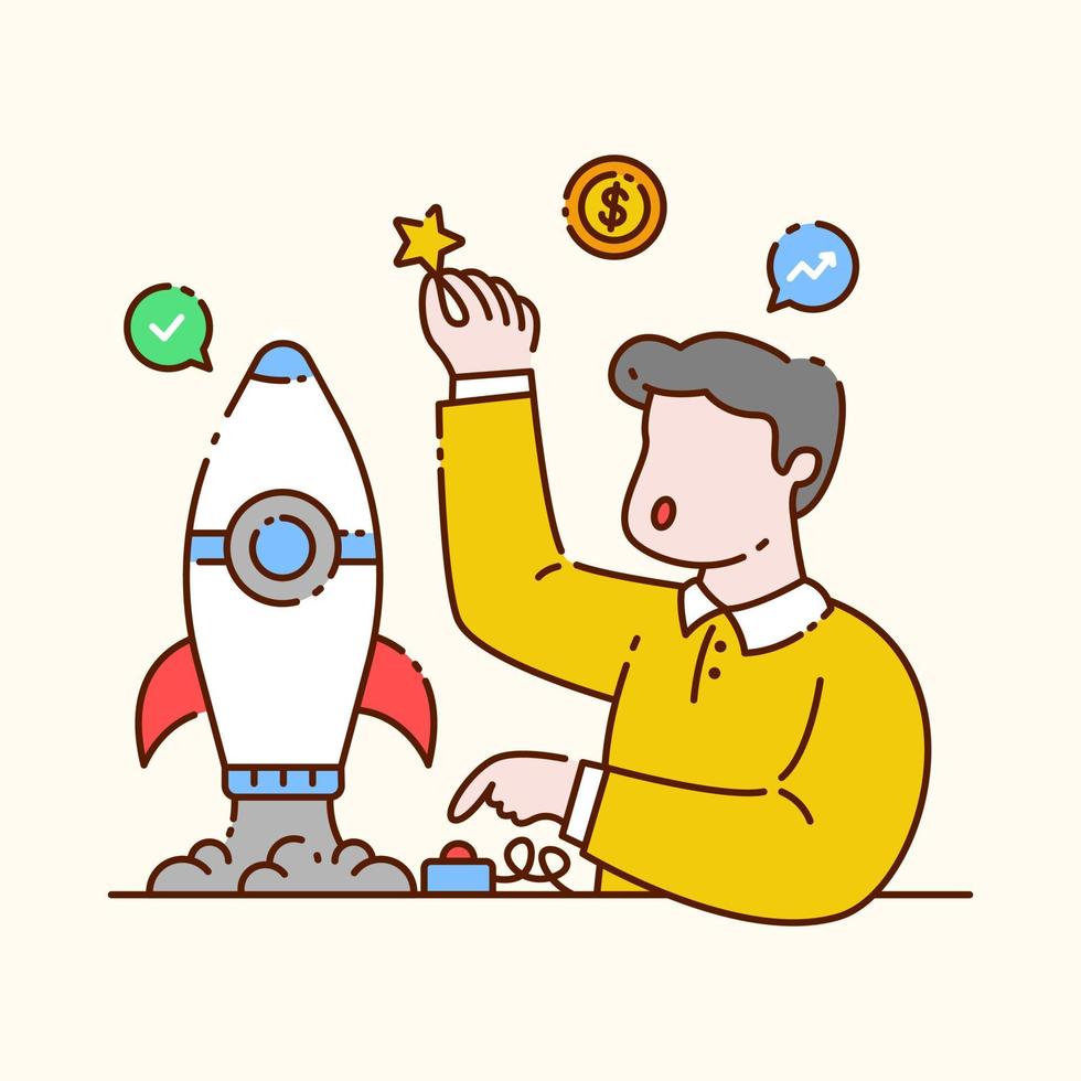 Man launches rocket and gets star. Startup business concept illustration vector