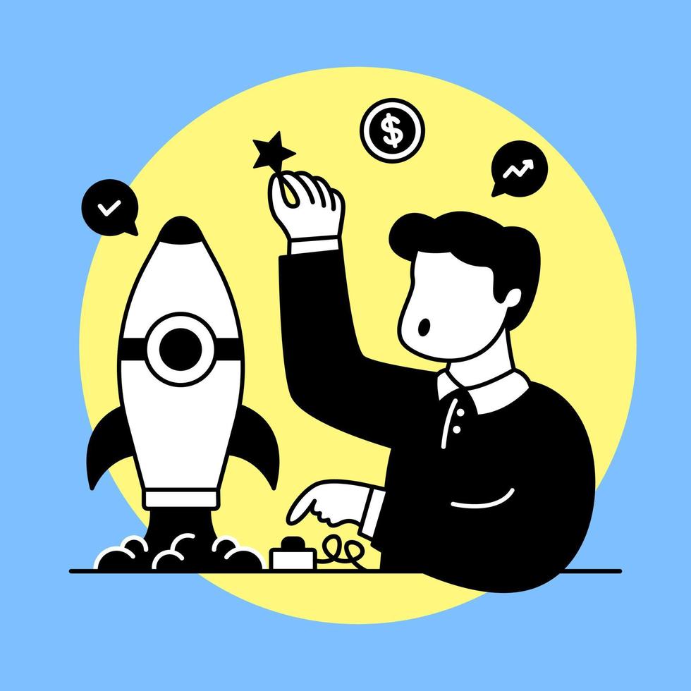 Man launches rocket and gets star. Startup business concept illustration vector