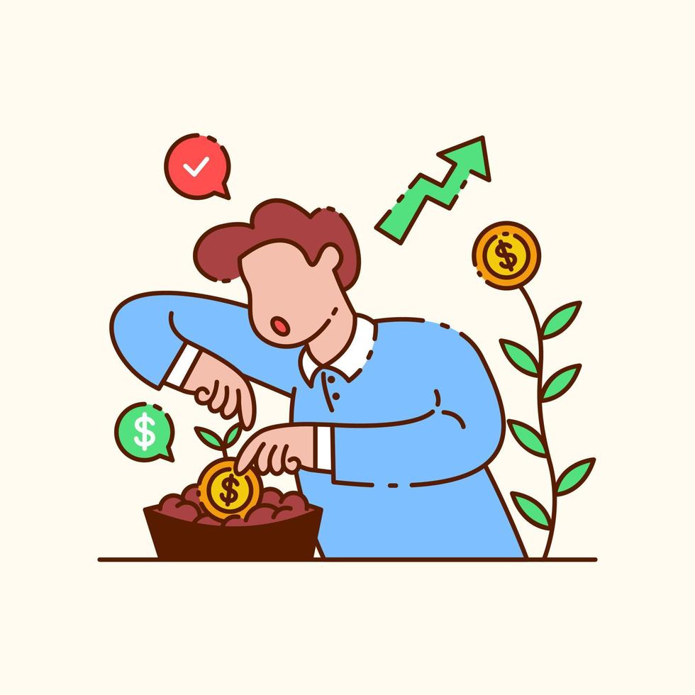 hombre plantando monedas de dólar. ilustración del concepto de inversión y crecimiento empresarial vector