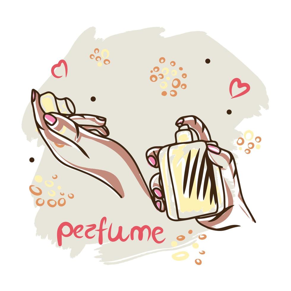 Perfume bottle in hands, hand drawn, cosmetic accessory, smell, doodle vector