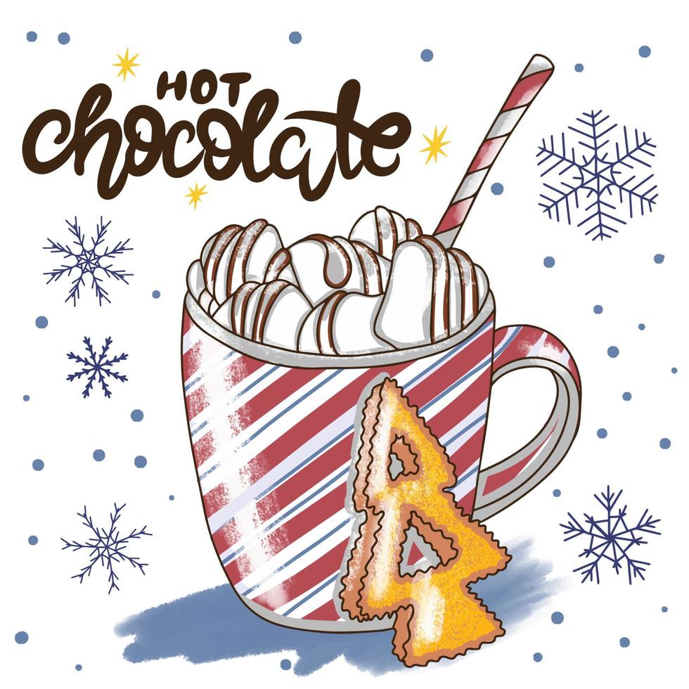 Hot chocolate, hand lettering, delicious drink with marshmallows and cookies, background snowflakes vector