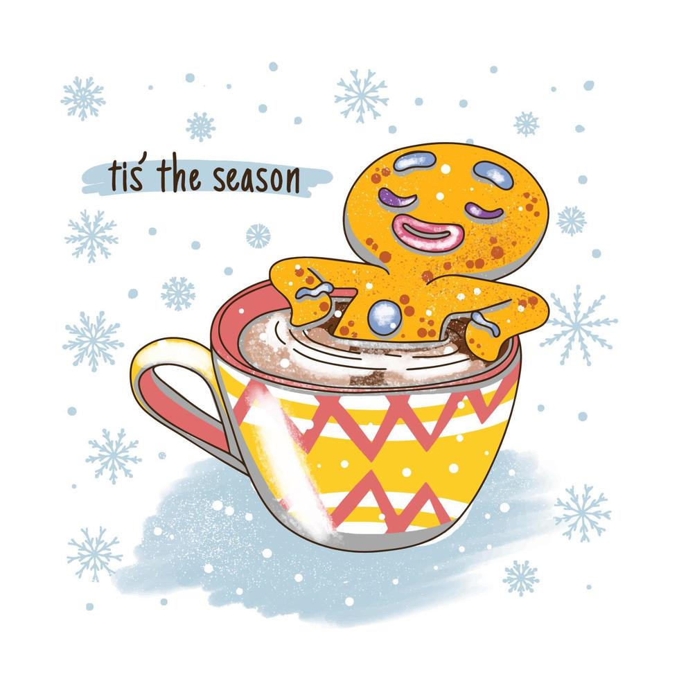 It is the season, handwritten lettering, hot chocolate gingerbread, background snowflakes vector