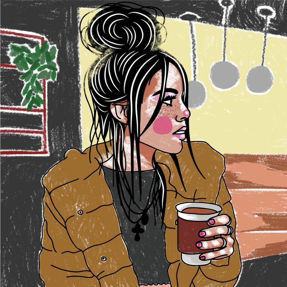 Beautiful girl with a fashionable hairstyle and a cup of coffee vector