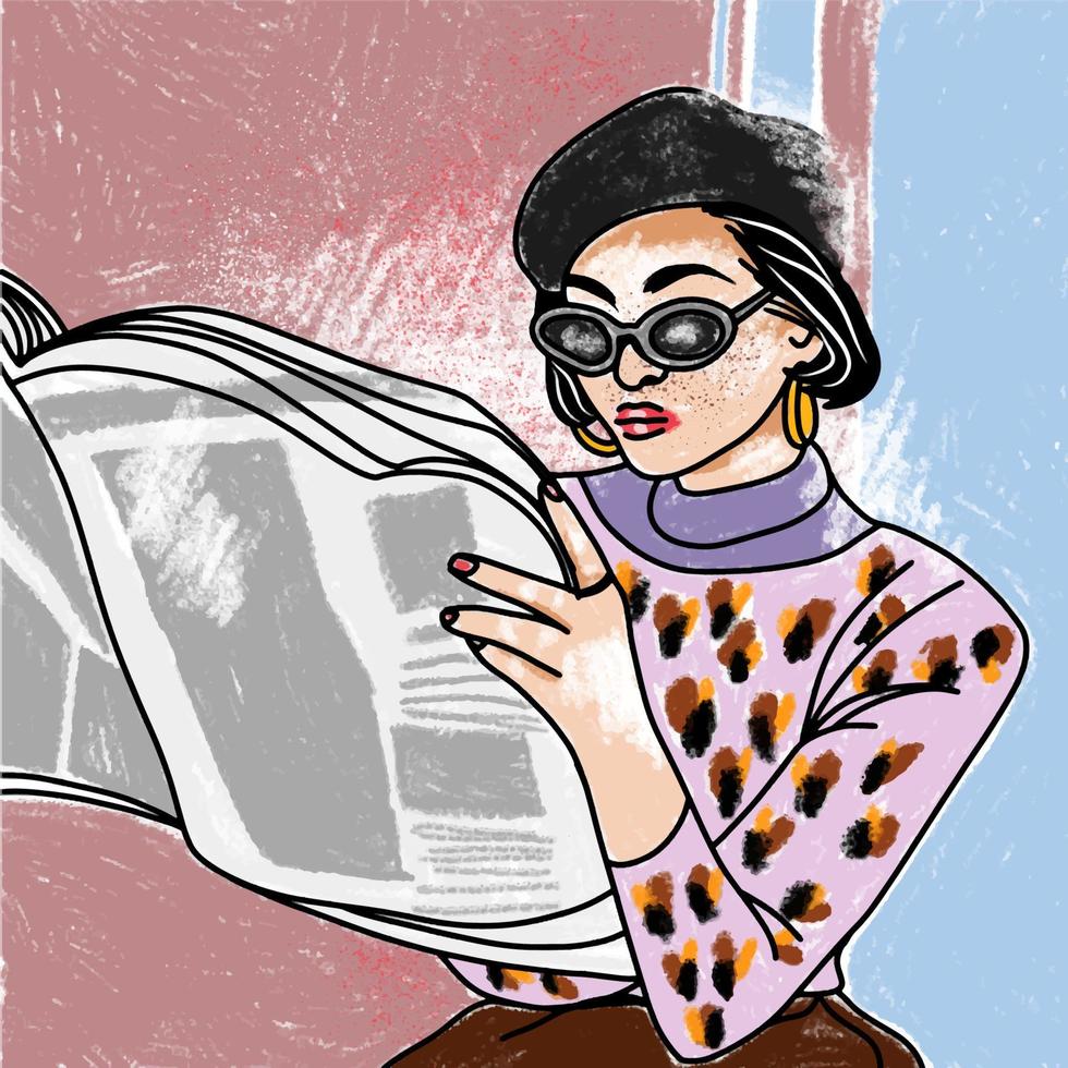 una hermosa chica lee un periódico sobre un fondo geométrico, con ropa brillante, arte pop vector