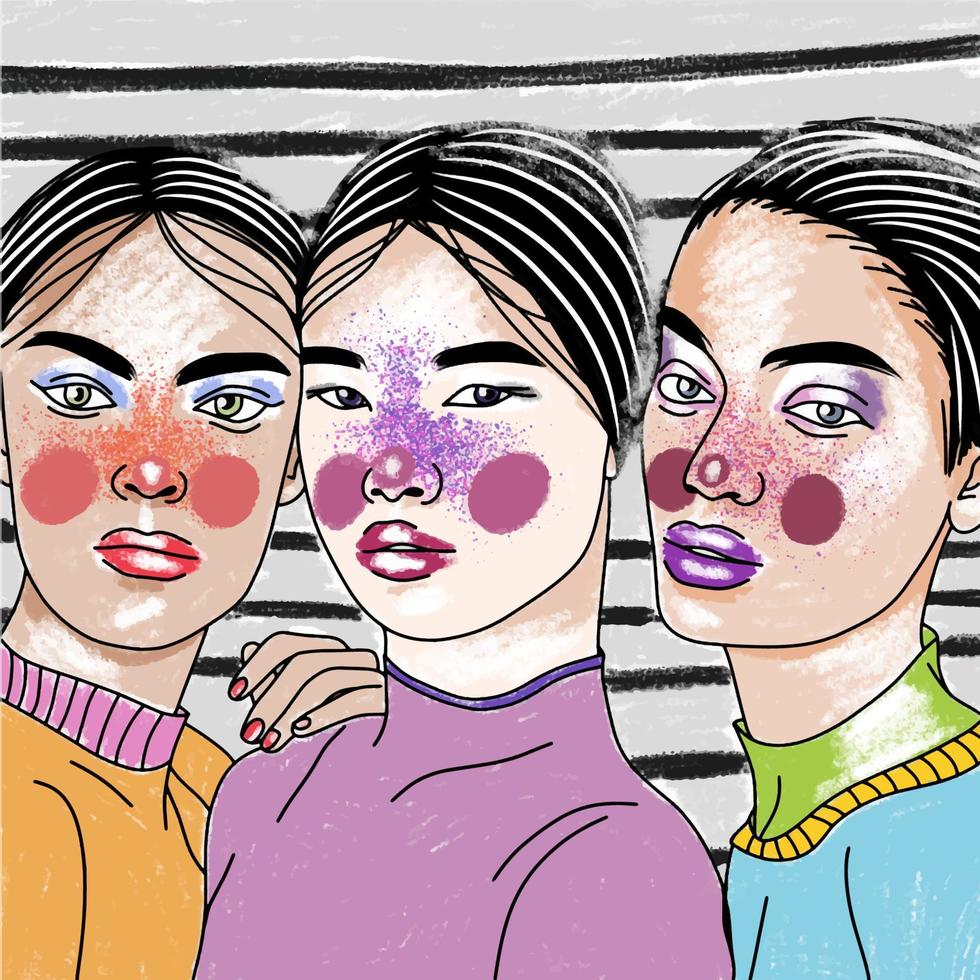 hermosas chicas con maquillaje, sobre un fondo brillante, colores brillantes, arte pop vector